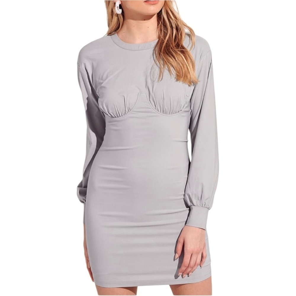 Blue Blush Dove Grey Long Sleeve Bustier Mini Stretch Dress Size S